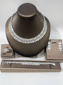 4pcs Luxury Jewelry Set: Necklace, Earrings, Ring, Bracelet With Cubic Zirconia, Bridal Jewelry Set, Elegant Gift For Valentine's Day - White - View 4