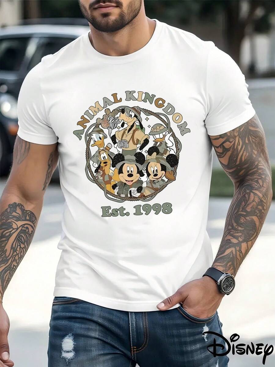 Disney Authorized! 1pc New Mickey Mouse Animal Kingdom 1998 Retro Adventure Pattern Men's T-Shirt, Round Neck And Short Sleeves, Disney Fan Merch - 白色 - 查看 1
