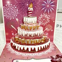 3D Pop-Up Birthday Greeting Card, Handmade With Unique Design Featuring Birthday Cake, Candles And Fireworks Patterns, Made Of High-Quality Paper. An Ideal Thoughtful Gift For Friends, Family And Colleagues. - 1 Piece - Fireworks Pink - View 4