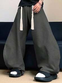 Men's Fashion Pocketed Wide Leg Loose Casual Sweatpants - Dark Grey - View 3