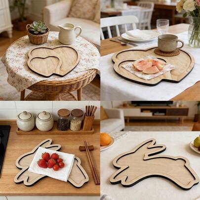 1pc Heart & Rabbit Shaped Wooden Tray, Suitable For Fruit And Snacks, Can Be Used As Kitchen And Dining Table Decor, Also A Great Housewarming Gift