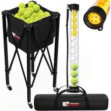 [2-in-1 Set] Tennis and Pickleball Hopper with Pickup Tube Pickleball Caddy with Collapsible Metal Frame Ball Basket and Wheels and Carry Case 120 Tennis Balls or 100 Pickleball Ball Holder - Alfiler - Ver 1