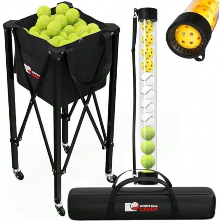 [2-in-1 Set] Tennis and Pickleball Hopper with Pickup Tube Pickleball Caddy with Collapsible Metal Frame Ball Basket and Wheels and Carry Case 120 Tennis Balls or 100 Pickleball Ball Holder - Alfiler - Ver 1