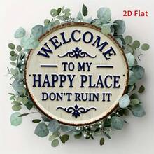 "Welcome To My Happy Place Don't Ruin It" Round Metal Tin Sign, Vintage Floral Wall Art Decor, Size 8 Inch (20x20cm) - Funny Sarcastic Plaque, Humorous Home Entrance Ornament, Front Door, Porch, Patio, Garden Fence, Backyard Signage, Living Room, Bedroom, Kitchen, Cafe, Bar, Office, Novelty Gift For Him Her, Waterproof Iron Plate, Pre-Drilled Holes, Rounded Edges, Polished Finish, Nostalgic Design, Household Accessory, Indoor Outdoor Sign, Sassy Quote, Personal Sanctuary, Minimalist Art, Apartment Essentials, Modern Wall Hanging, Decorative Shield, No Fade Print, Metal Label, Artistic Touch, Country Style - 彩色 - 查看 4