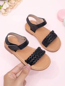 1 Pair Summer Party & Wedding Cute Striped Woven Hook And Loop Princess Style Lace Flat Sandals For Toddler Girls - Black - View 6