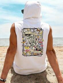 Men's English Text & Skull Hand Print Casual Sleeveless Hooded Tank Top | Exquisite Design | Summer Essential | Fashionable Matching, Showcasing Your Style - White - View 3