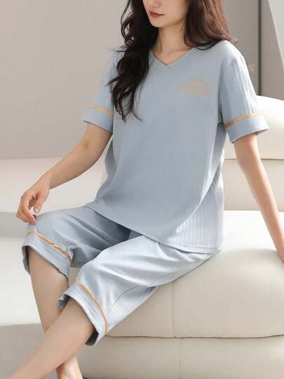 1 Set Women Short Sleeve Pajamas & Shorts, Soft & Comfortable Loungewear