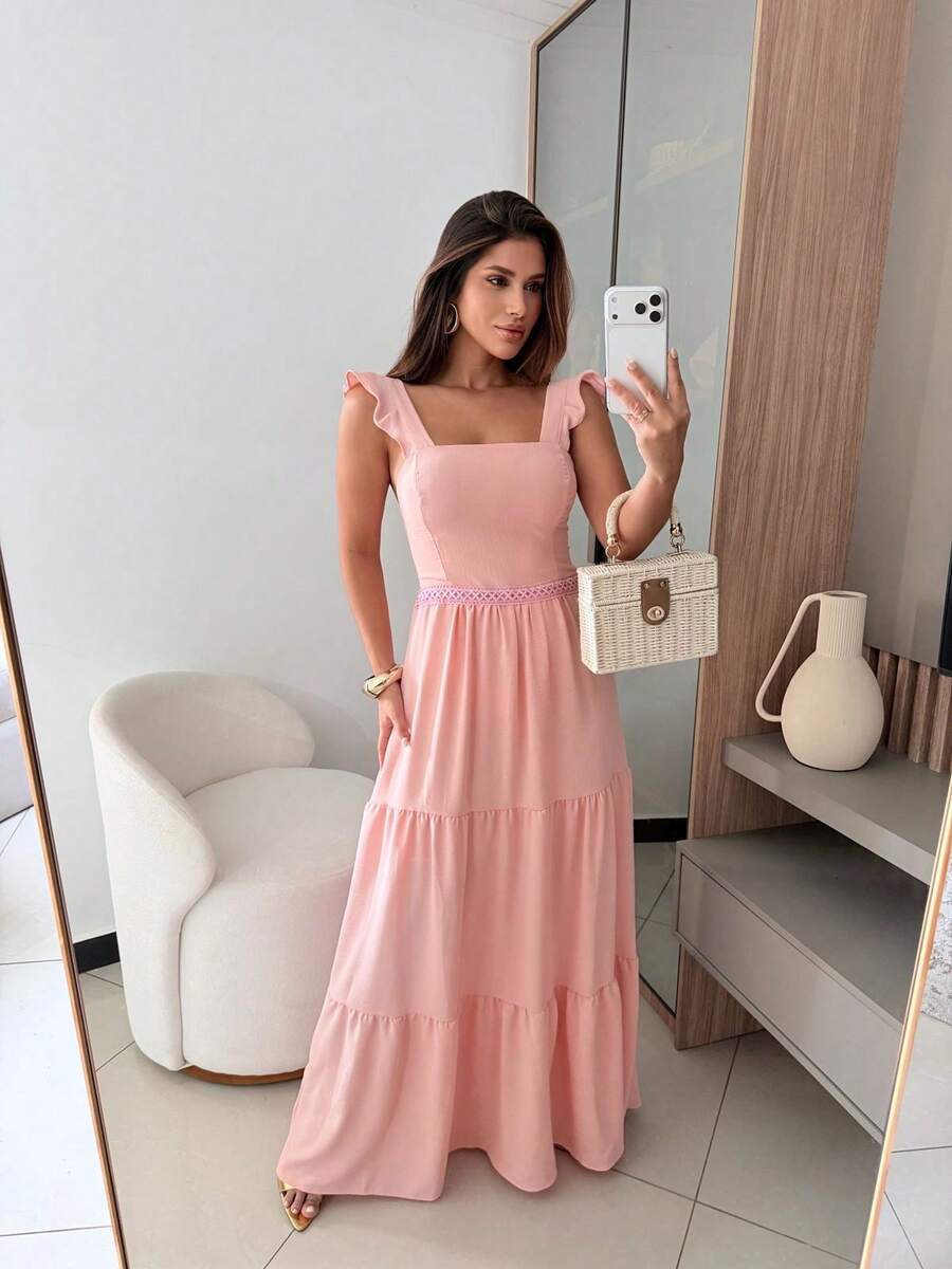 Long Dress With Lace Detail At The Waist, Duna Fabric. - Màu Hồng baby - Xem 1