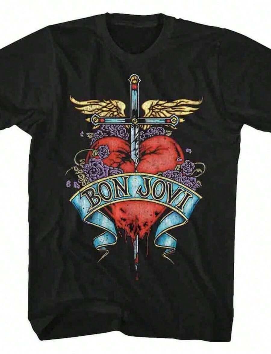 Bon Jovi Est 1983 Black T-Shirt-Unisex Relaxed-Fit Cotton Blend New Arrival Casual Crew Neck Long-Sleeve T-Shirt - 黑5 - 查看 1