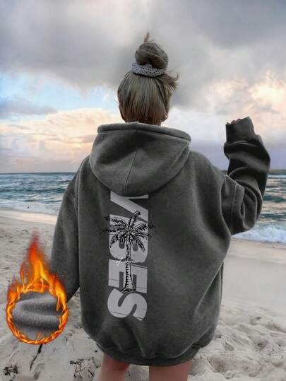 女士印花长袖抽绳连帽卫衣，带口袋，休闲宽松套头衫，时尚冬季服装，适合日常穿着