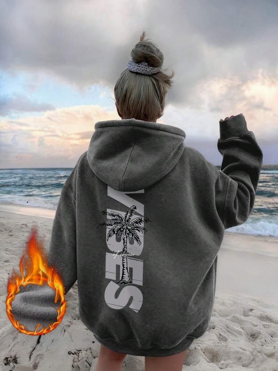 女士印花长袖抽绳连帽卫衣，带口袋，休闲宽松套头衫，时尚冬季服装，适合日常穿着 - 深灰 - 查看 1