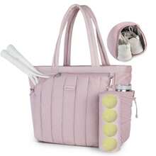 Quilted Tennis Tote Bag for Women Gym Duffle Bag with Shoe Compartment and Wet Pocket Fits 2-4 Rackets and 15.6" Laptop Overnight Weekend Sports Bag with Fence Hook - Rosa - Ver 8