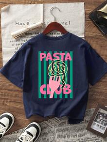 Camiseta de manga corta de cuello redondo con diseño de rayas y estampado de comida italiana de moda sencilla y versátil, adecuada para mujeres - Azul Marino - Ver 2