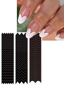 6pcs Hollow French Manicure Stickers, Airbrush Painting Stencil Auxiliary Tools, French Manicure Stickers With Asymmetrical Line Patterns, Nail Art Decorations - Black - View 2