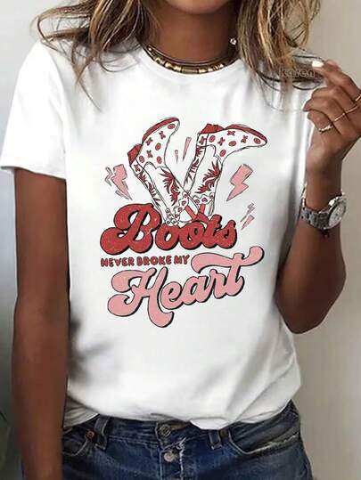 100% Pure Cotton Women's White Short Sleeved T-Shirt, Women's T-Shirt With "Boots Never Broke My Heart" Quote, Red Cowboy Boots And Lightning Bolts – Western Country Music Style, This Round Neck Casual Top Is Designed Specifically For Women And Is Machine Washable, Making It Perfect For Daily Casual And Holiday Wear.
