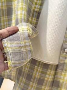 Women's Plaid Print Button Front Casual Long Sleeve Shirt - Yellow - View 4
