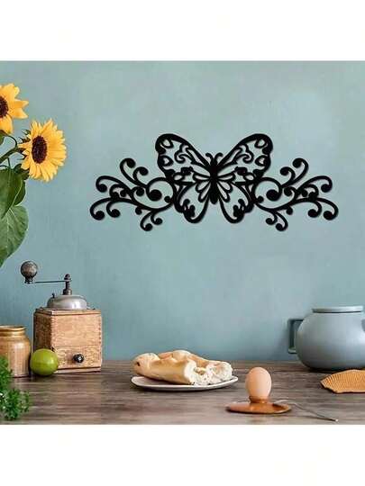 1件蝴蝶墙饰，黑色装饰墙面剪影，动物主题，金属家居装饰，墙面装饰，春季装饰，卧室客厅挂饰，动物爱好者礼物，无需用电