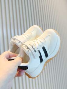 Kids' Black & White Striped Casual Sneakers - Adjustable Hook & Loop Closure, Synthetic Leather Upper, Lightweight Sole, Fashionable For Everyday & School Wear - Beige - View 5