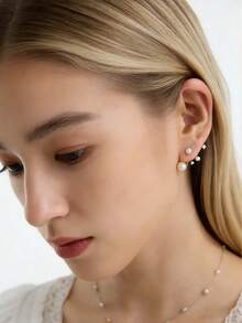 1对女士925纯银不对称钻石珍珠耳环，奢华独特优雅耳环，适合日常佩戴 - #1 - 查看 6