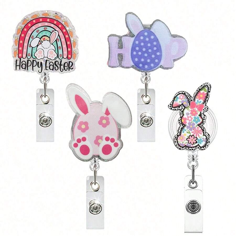 1pc Easter Bunny Retractable Badge Reel, Rotating Easy Pull Design, Medical/Holiday ID Badge Holder, Themed Fun Gift - Rabbit - View 1