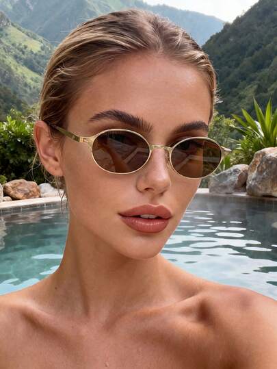一副男女通用复古棕色金属椭圆形眼镜，适合户外旅行、海滩佩戴，女士基本款眼镜，春夏商务休闲礼品