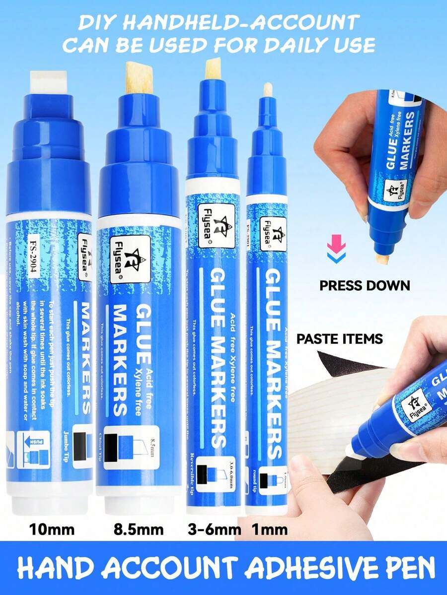 4-In-1 Bullet Journal Glue Pens Set, 4 Nib Styles (1.0mm Round / 3-6mm Rotary / 8.5mm Slanted / 10mm Flat), High Capacity Quick-Drying Non-Acidic Glue Pens For Wet & Dry Use, Smudge-Free For Scrapbooking, DIY, Office