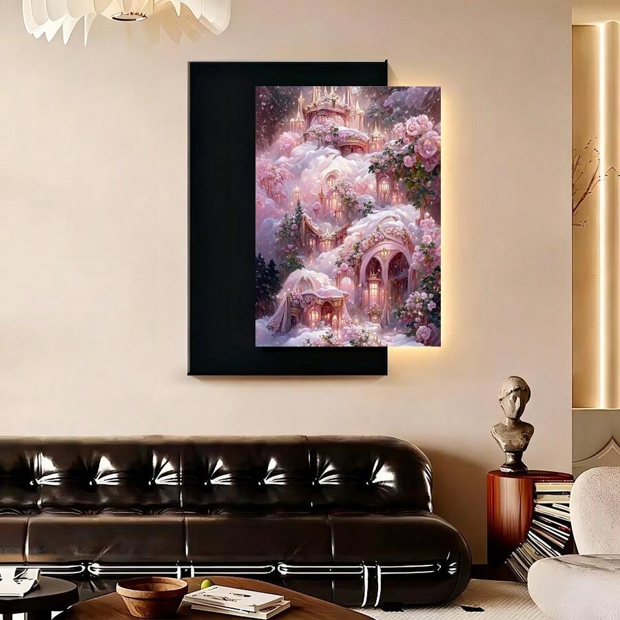 con marcoPintura en Lienzo Plano 2D, 1 pieza, Pintura en Lienzo Plano 2D, Hermoso Castillo, Decoración de Pared Divertida y Creativa para Hogar Dormitorio Cocina Sala de Estar Baño, Hotel Café Oficina Obra de Arte en Lienzo Póster de Pared, Plano 2D - Enmarcado - Ver 1