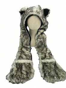 女士冬季围巾套装，灰色、白色、黑色混色，带帽蓬松围巾手套，仿毛皮质感，保暖又美观，适合秋冬季日常休闲穿着、卡通人物角色扮演，或为服装增添可爱元素，也是节日礼物之选。 - 彩色 - 查看 6