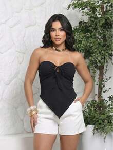 Cropped Feminino Canelado Top Frente Única Assimétrico Com Bojo Amarração No Pescoço Básico Casual Elegante Tendencia Moda Verão - Preto - Visão 4