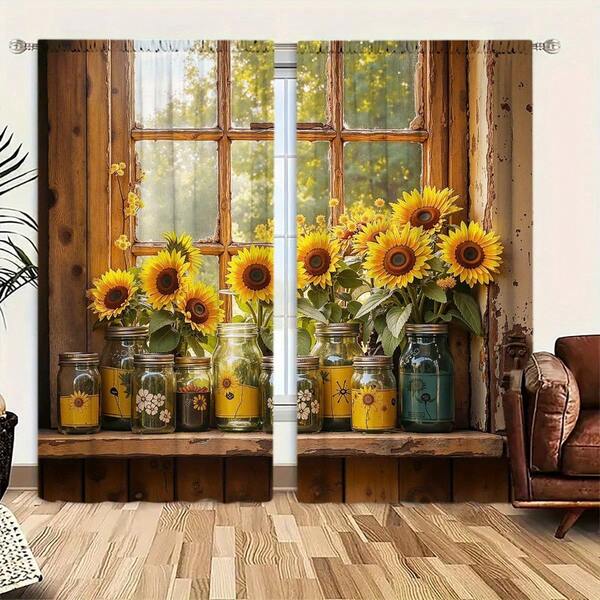 2pcs Sunflower Semi-Blackout Curtains - Soft, Light Filtering, Heat Insulating, Suitable For Bedroom, Living Room, Kitchen, Office, Creating Private Space