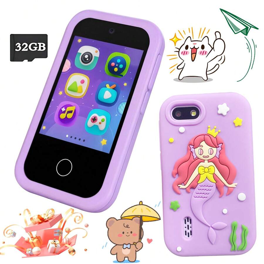 32GB Kids Smart Phone Toy, 2.8" HD Touchscreen, Dual Camera, Cartoon Silicone Protective Case, 12 Languages, Educational Games, Reading Assistant, Long Battery Life, Best New Year Gift - Multicolor - View 1