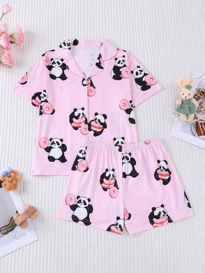 2pcs Kids Cute Panda & Donut Print Pajamas Set, Girls Short Sleeve Shirt & Shorts, Collar With Front Buttons, Adorable Loungewear Suitable For All Seasons, Party & Casual