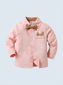 BOARNSEORL 2 件套年轻男孩绅士服装 - 长袖蝴蝶结衬衫和卡其色吊带裤，时尚服装，适合生日派对、婚礼、正式场合 - 卡其色 - 查看 5