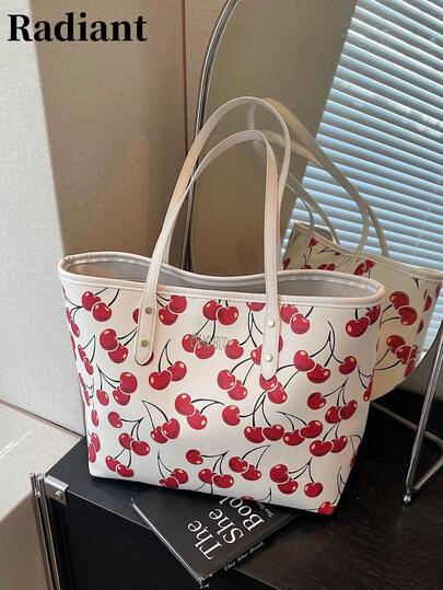 2024 New Fashion Sweet Cherry Pattern PU Tote Bag, Waterproof Design, Fashion Large Capacity Shoulder Bag, Work Commuter Bag, Suitable For Women Daily Use School Tote Bag, School Bag, Portable, Foldable, Business Casual, Suitable For Teen Female College Students, Teachers, Newcomers And White Collar University, Vacation, Beach, Holiday, Shopping, Fashion Zipper Handbag