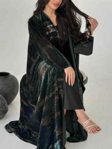1pc Classic Multi-Color Batik Arabian Robe. This Vintage-Style Arabian Attire Is Both Fashionable And Elegant, Featuring A V-Neck Design. Suitable For Daily Wear, Various Social Occasions, And Travel. Vacation Spring - Dark Green - View 4