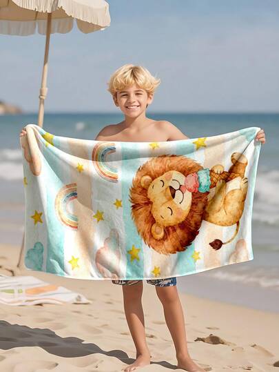 1pc Cute Little Lion Rainbow Children's Beach Towel, Super Soft Microfiber Extra Large Beach Blanket, Super Absorbent Bath Towel, Suitable For Travel, Swimming Pool, Diving, Surfing, Yoga, Camping, Available In Multiple Sizes, Beach Accessories For Beach, Pool, Travel, Camping, Yoga