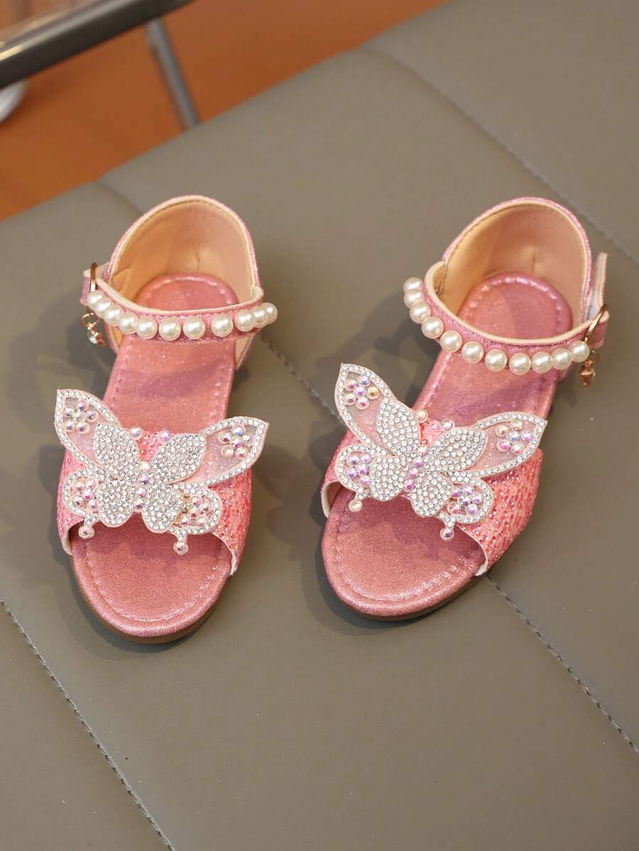1 Pair New Girls Princess Sandals, Glitter Pink Upper, Rhinestone Bow Decor, Soft Sole Non-Abrasive, Adjustable Hook And Loop Strap - Pink - View 1
