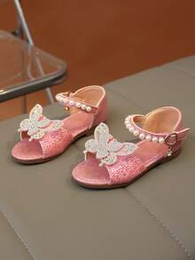 1 Pair New Girls Princess Sandals, Glitter Pink Upper, Rhinestone Bow Decor, Soft Sole Non-Abrasive, Adjustable Hook And Loop Strap - Pink - View 4