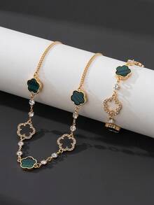 Bộ trang sức cao cấp thời trang gồm mặt dây chuyền hình cỏ ba lá rỗng màu xanh lá cây may mắn dành cho nam giới, bao gồm dây chuyền và vòng tay. - màu xanh lá - Xem 2