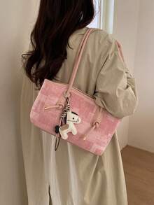 Dedoo Women's Fashionable Retro Denim Plaid Tote Bag, Adorned With A Delicate Pony Charm. - Pink - View 7