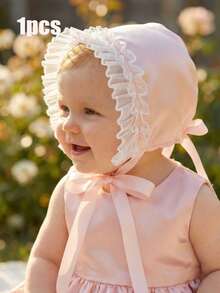 1pc Royal Style Pink Shiny Fabric Baby Bonnet, 0-3M 3-6M Months, Pink Satin Cotton - 1PC - View 8