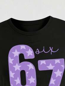 Tween Girl Letter Graphic Print Crew Neck Long Sleeve Top And Pants Set - Black - View 5