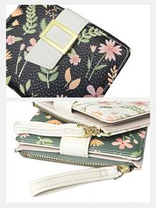 Flower Printing Women Slim Wallet Bifold Card Holders Coin Purse With Zipper Pocket PU Leather Large Capacity - Multicolor - View 9