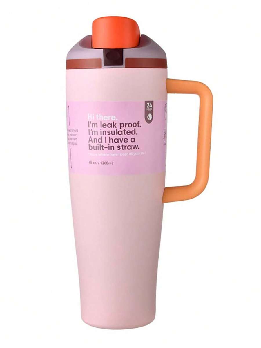 40oz Stainless Steel Thermoscup -Keeps Water Cold Or Hot - Stainless Steel Water Bottle With Push-On Dust-Proof Lid And Plastic Straw - 粉色 - 查看 1