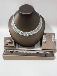 4pcs Luxury Jewelry Set: Necklace, Earrings, Ring, Bracelet With Cubic Zirconia, Bridal Jewelry Set, Elegant Gift For Valentine's Day - White - View 1