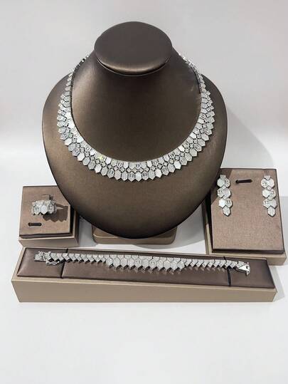 4pcs Luxury Jewelry Set: Necklace, Earrings, Ring, Bracelet With Cubic Zirconia, Bridal Jewelry Set, Elegant Gift For Valentine's Day