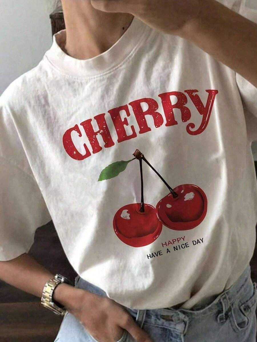 Vibrant Cherry Print Crew Neck T-Shirt For Women - Comfortable Short Sleeve Casual Top For Summer & Spring - Breathable, Soft, And Relaxed Fit Women's Clothing Casual Digital Print 220g Pure  Heavy 100_ Cotton T Shirt - 粉色 - 查看 1