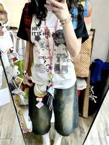 Y2K Grunge Rock Raglan Sleeve Anime Graphic T-Shirt, Women Loose Retro Graffiti Print Casual Street Wear Short Sleeve Top - White - View 3