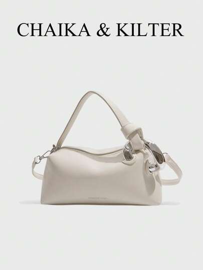 1 pieza Bolso de mano de cuero PU brillante sólido, bolso de cubo de moda casual para mujer de la marca CHAIKA & KILTER, bolso tipo almohada de Boston con decoración de metal con letras, cierre superior con cremallera, correa para el hombro ajustable y desmontable, adecuado para compras diarias