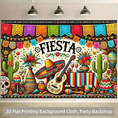 2D平面横幅背景，1件装，色彩鲜艳的墨西哥文化节涤纶背景横幅，布料材质，适用于摄影、直播、婚礼派对 - 室内/室外装饰，无需用电，易于悬挂设计